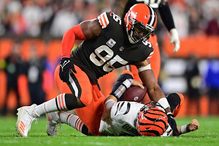 Bengals quarterback Joe Burrow can expect to see pressure from Browns defensive end Myles Garrett in Week 1.